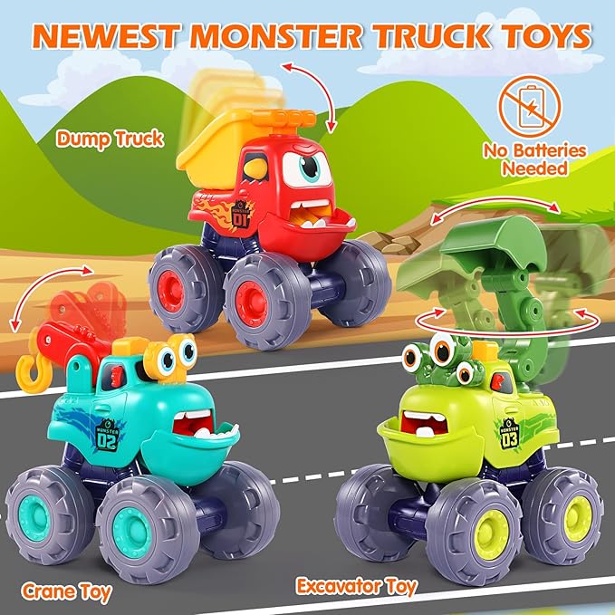 OCATO Monster Truck Toys for 1 2 3 Year Old Boy Birthday Gift, Construction Toys Pull Back Cars for Toddlers 1-3, Baby Boy Toys Toddler Kids 1st Birthday Gifts 1 2 3 Year Old Boy Toys