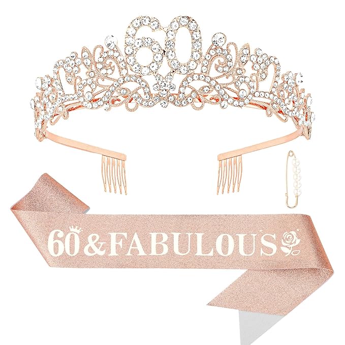 Semato 60th Birthday Decorations for Women- Birthday Crown and Sash Glitter Kit Gifts for Women Party Supplies and Favors (60th)