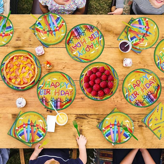96Pcs Crayon Birthday Party Supplies Colorful Crayon Plates and Napkins Classroom Back to School Tableware Set for Kids Boys Girls First Day of School Birthday Party Decorations Serves 24