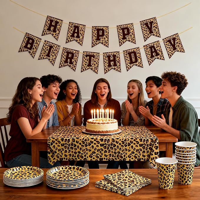 Leopard Print Party Supplies, Cheetah Happy Birthday Party Decorations with Plates Napkins Cups Tablecloth for Safari Animal Leopard Birthday Party Supplies Serve 24(Leopard Print)