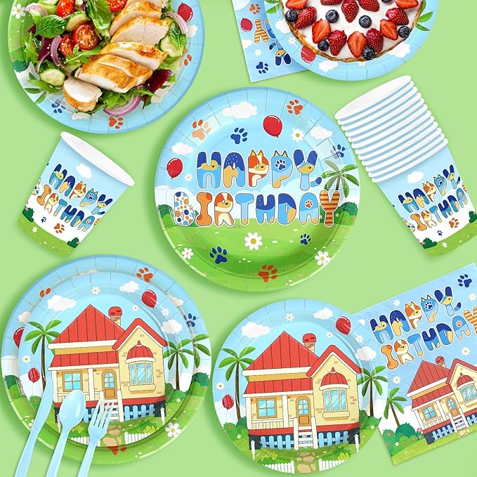 168 Pcs Blue Dog Birthday Party Decorations Blue Birthday Girl Plates and Napkins Dog Tableware Set for Spring Boys Girls themed Birthdays Baby Shower Party Supplies, Serves 24