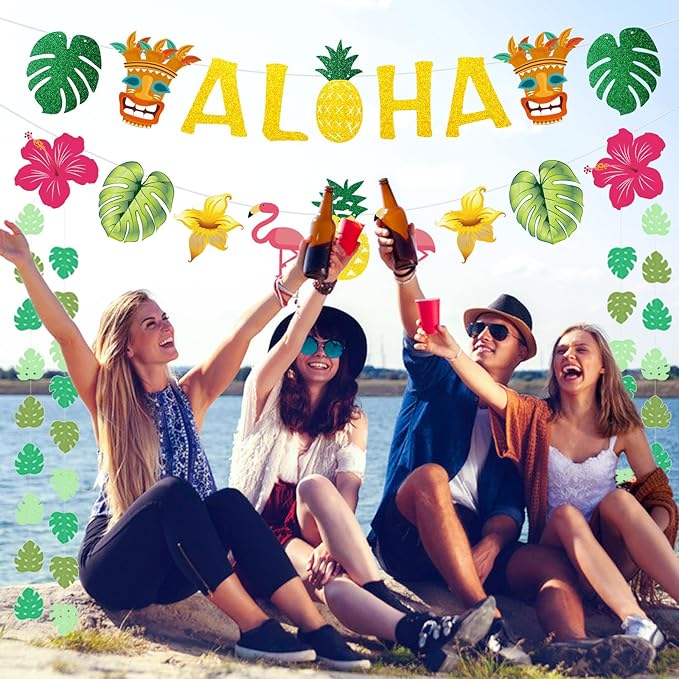Hawaiian Aloha Party Decorations - Gold Glittery Aloha Banner for Hawaii Tropical Luau Themed Party Supplies
