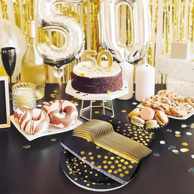 Black and Gold Party Supplies,Black Paper Dessert Plates,100 Pack - 50 x 9 and 50 x 7 Dinner Plates,Disposable Dinnerware Gold Dot Paper Plate for Birthday Retirement Anniversary Party