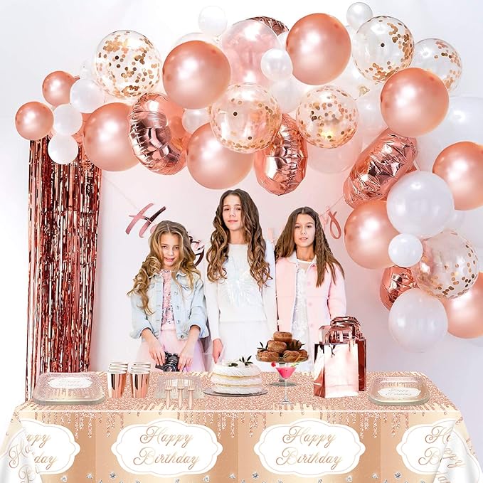 81 Pieces Rose Gold Party Decorations - Party Supplies Including Plates, Napkins, Tablecloth, Forks for Girl Women Mom Birthday, Serves 20