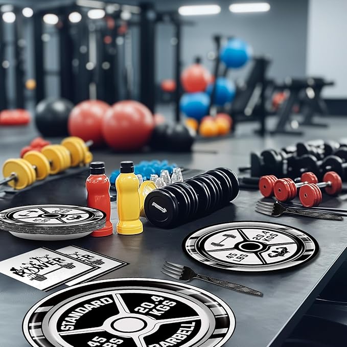 BQC 96 Pcs Gym Party Plates & Decorations - Birthday Party Supplies & Favors
