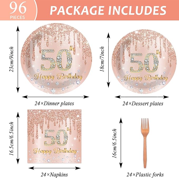 96 Pieces 50th Birthday Tableware Set for Pink Rose Gold 50th Birthday Table Decorations Supplies Pink Rose Gold Happy 50 Years Old Dessert Paper Plates Napkins Forks for 24 Guests Women Supplies