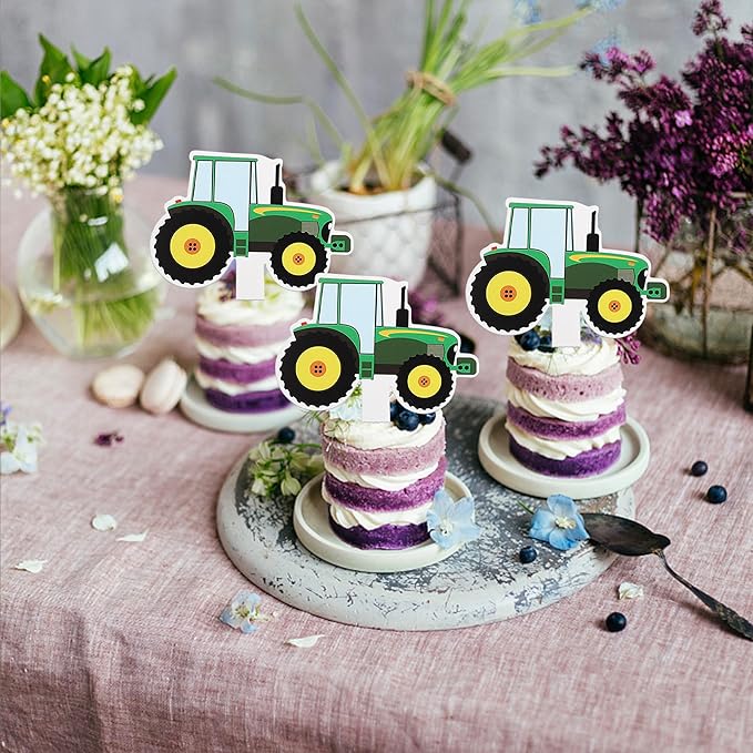 35 Pack Farm Tractor Cupcake Toppers Tractor Truck Car Cupcake Picks Tractor Card Cupcake Decorations for Construction Theme Baby Shower Boys Birthday Party Supplies Green