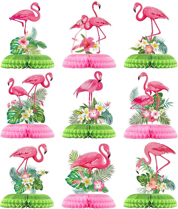 Funtery 9 Pcs Flamingo Centerpieces for Tables Hawaii Luau Honeycomb Centerpieces Flamingo Party Decorations Tropical Aloha Party Table Topper for Kid Birthday Party Supplies Table Decoration