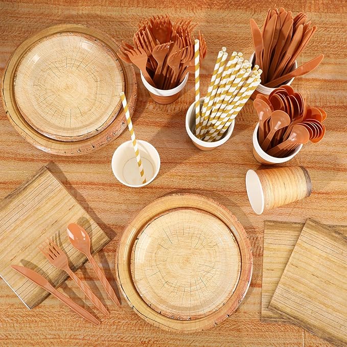 Sawysine 202 Pcs Wood Grain Party Supplies Disposable Dinnerware Set 50 Plates 25 Cups 25 Napkins 25 Plastic Forks 25 Knives 25 Spoons 25 Straw Flag Tablecloth to Serve 25 Guests
