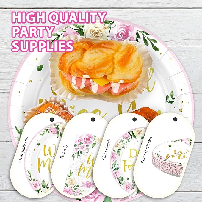 168Pcs We Will Miss You Party Decorations Pink Floral Farewell Plates Cups and Napkins Tableware Set Rose Gold Flowers Decorations for Spring Going Away Goodbye Retirement Party Supplies Serves 24