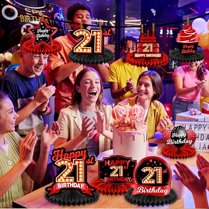 Happy 21st Birthday Red and Black Table Honeycomb Centerpieces Balloons Theme Decor Table Decorations Table Toppers for Girls Women Princess 21 Years Old Birthday Party Bday Supplies Background Gold