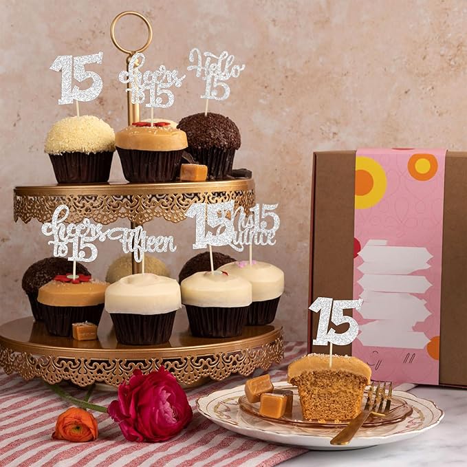 30Pcs 15th Birthday Cupcake Toppers Fifteen Cupcake Picks Cheers to 15 Years Old Mis Quince 15 Cake Decorations for 15th Birthday Anniversary Party Silver Glitter