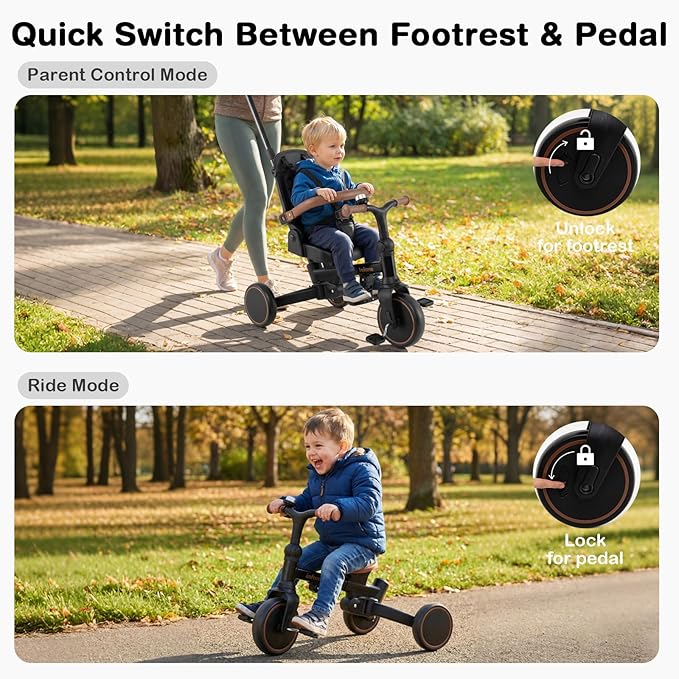 INFANS 9-in-1 Foldable Toddlers Tricycle, Converts Stroller to Balance Bike with Adjustable Push Handle, Canopy & Backrest, Pedal Conversion, Retractable Rear Wheels for 1-6 Years (Black)