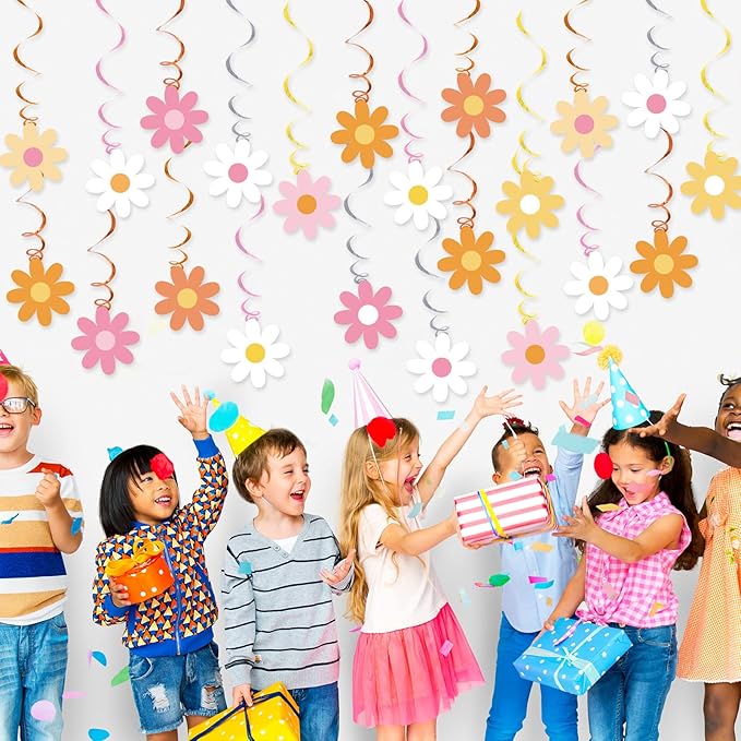60pcs Daisy Flower Hanging Swirls Colorful Daisy Foil Swirls Ceiling Hanging Decor Flower Cutouts Party Supplies for Boho Hippie Groovy Retro Themed Birthday Baby Shower Spring Party Decorations Favor