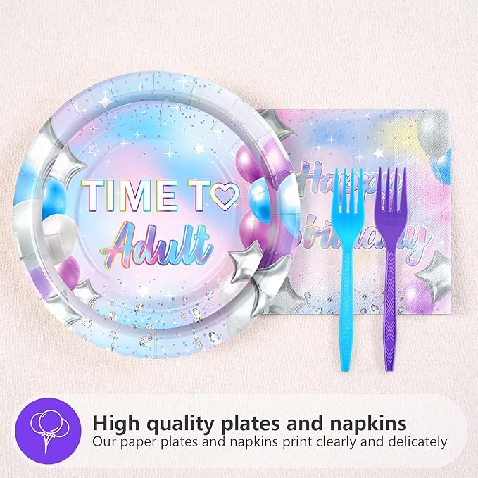 Grencian 96Pcs 18th Birthday Decorations Iridescent 18th Birthday Party Plates Disposable Happy 18 Bir-thday Paper Tableware Set for Teen Girls 18 Years Old Party Supplies Serves 24