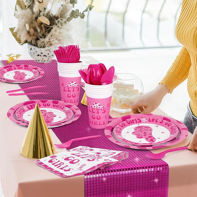 durony 176 Pieces Let's Go Girls Decorations Disco Cowgirl Party Supplies Let's Go Girls Hot Pink Table Runner Paper Plates Cups for Bachelorette Cowgirl Disco Party, Serve 25 Guests