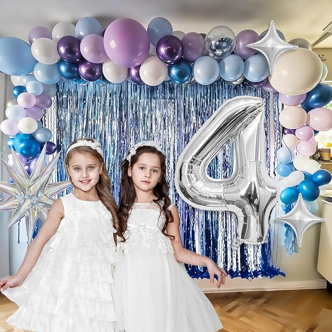Snow 4th Birthday Decorations Girl, Snowflake Balloon Garland Arch Kit, Laser Explosion Star Balloons, Silver Number 4 Balloon Tower for Baby Shower Girls 4th Snow Theme Party Supplies