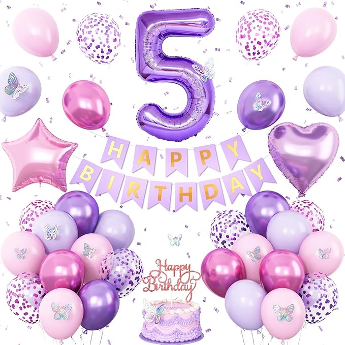 5th Pink Purple Birthday Decorations,Pink Purple 5th Birthday Balloons for Girls Lavender Party Decor Banner Number 5 Balloons Cake Topper Butterfly Party Decorations for 5 Year Old Girls