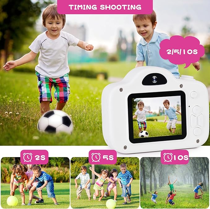 Kids Camera, Christmas Birthday Gifts for Children Age 3-8, HD Digital Video Cameras for Children, Portable Toy for 3 4 5 6 7 8 Year Old Kid with 32GB SD Card and Cute Children's Camera Bag (White)