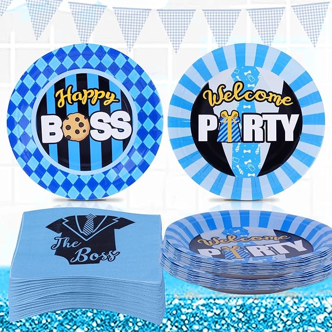 Serve 24 Guests Boss Birthday Party Supplies - 7in Paper Plate Trays and 4.9in Tissue Napkins, for Boy Black Blue Baby Shower Boss First 1st One Year Old Birthday Decorations
