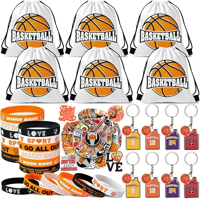 12 Sets Basketball Party Favors Basketball Goodie Bags for Boys Includes Drawstring Bag Silicone Bracelet Keychain Tattoo Sticker for Sports Goodie Bags Basketball Birthday Party Supplies Decor
