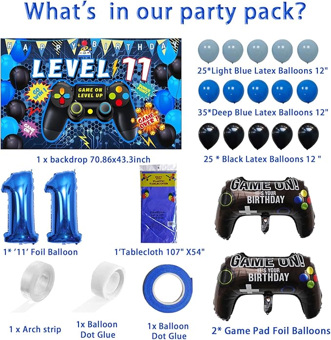 Vlipoeasn 90PCS Video Game Party Decorations for Boys Set Blue - 11th Birthday Supplies - Video Game Backdrop, Balloons, Tablecloth, Gamer and Foil Balloons