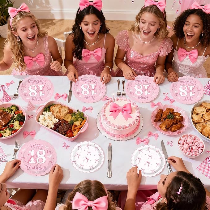 96Pcs Pink Bow Party Supplies Coquette 18th Birthday Party Plates and Napkins Disposable Bow Themed Tableware Set for Girl Happy 18th Birthday Baby Shower Decorations, Serves 24