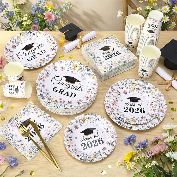 Hsei 250 Pcs Wildflower Graduation Disposable Plates and Napkins Floral Congrats Grad Disposable Tableware Set for 50 Guests Wildflower Paper Plates Napkins Cups for Girls Nurses Graduation Party