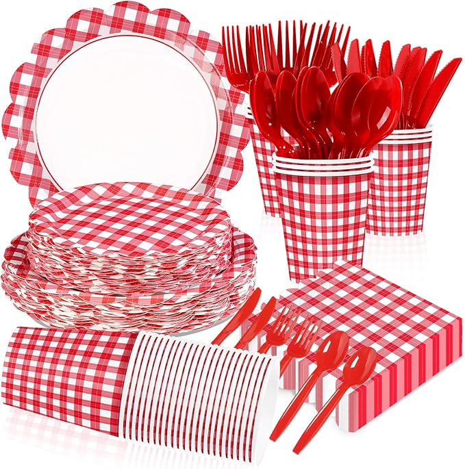 168 Pcs Red and White Gingham Party Supplies Red and White Plaid Checkered Scalloped Party Plates and Cups and Napkins Sets for Wedding, Bridal&Baby Shower, Birthday, Picnic Party Supplies Serves 24