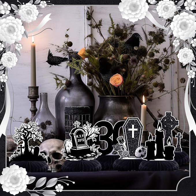 12 Pcs Halloween Death to My 20s Decorations 30th Birthday Party Decoration Rip 20s Black Gothic Honeycomb Centerpieces Funeral for My Youth Table Decoration Table Topper for Party Favors Supplies
