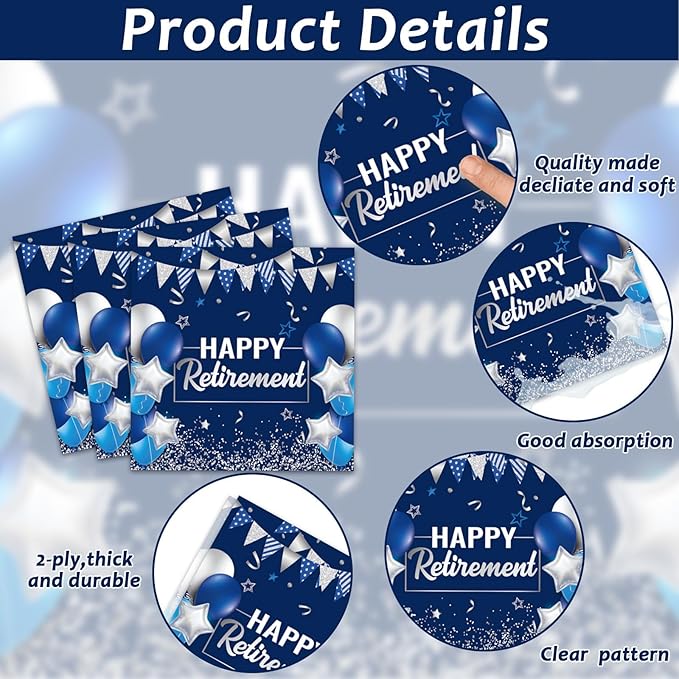 gisgfim 96 Pcs Retirement Plates and Napkins Party Supplies Paper Happy Retirement Party Tableware Set Blue Silver Decorations Favors for Men Women for 24 Guests
