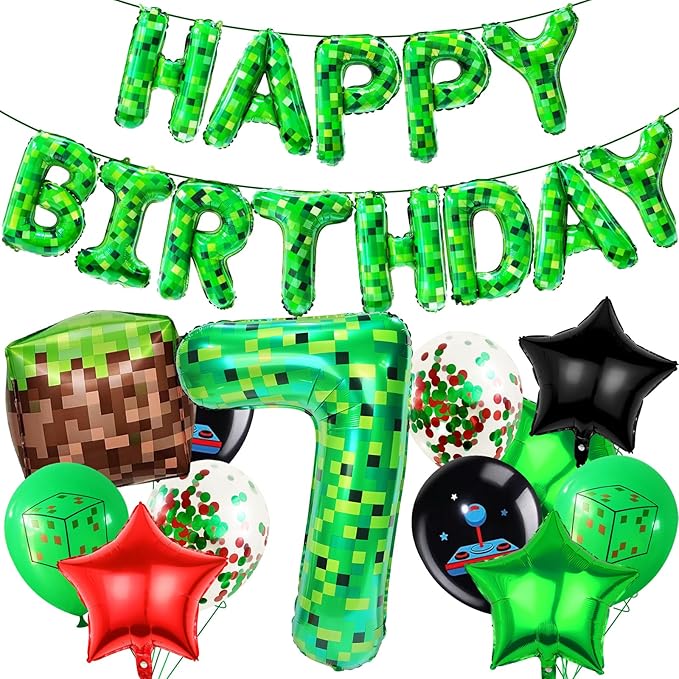 40in Pixel Number 7 Balloon Birthday Decorations, Miner Theme Foil Balloons banner Blast Gaming Party Supplies