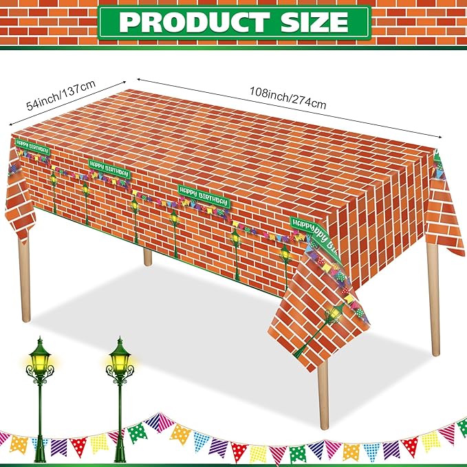 Funrous Red Brick Wall Street Party Decorations Cartoon Street Birthday Plastic Tablecloth 54 x 108 Inch Disposable Waterproof Rectangle Table Cover for Cartoon Friends Themed Birthday Party Supplies
