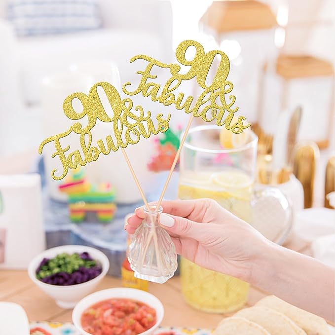 12 PCS 90 and Fabulous Centerpiece Sticks Double Sided Happy 90th Birthday Table Flower Centerpieces Sticks Cheers to 90 Floral Decorations for 90th Birthday Anniversary Party Supplies Gold