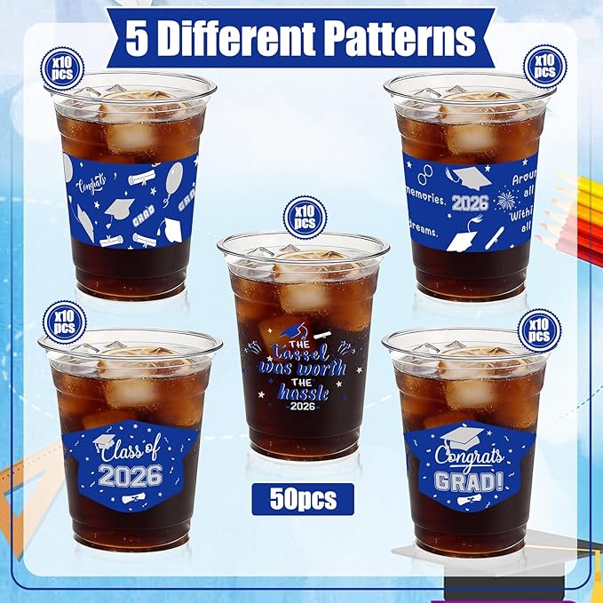 GuassLee Blue Silver Graduation Decorations 2026 Party Cups - 50pcs 12 Oz Blue and Silver Disposable Graduation Plastic Clear Cups for Drinks Class of 2026 Grad Party Supplies