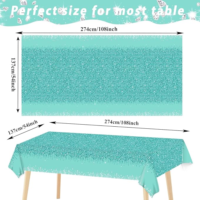 3 Pieces Teal and Silver Tablecloths for Happy Birthday Party Decoration Plastic Disposable Breakfast Blue Birthday Theme Table Covers for Girl Women Silver Glitter Birthday Party Supply, 54x108 Inch