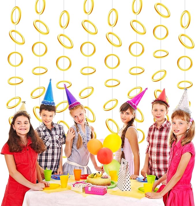 Janlaugh 8 Pcs Gold Rings Party Decorations Gold Power Rings Garland Banner Golden Classroom Ceiling Hanging Streamers Cutouts for Video Games Birthday Baby Shower Party Supplies Photo Booth Backdrops