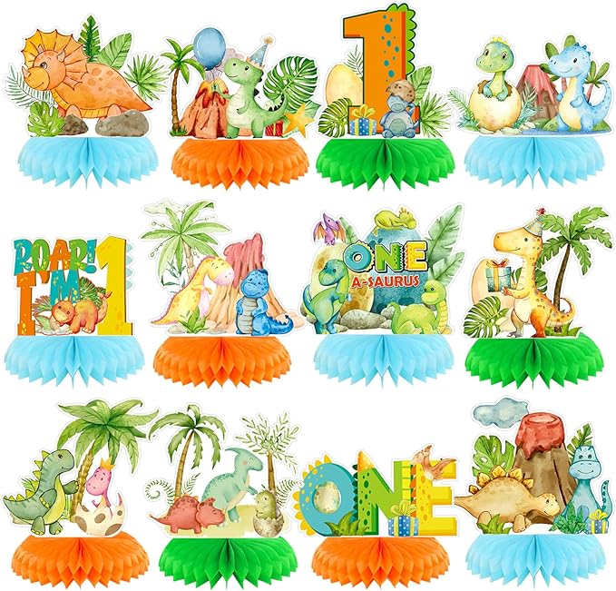 12 Pcs One a Saurus Birthday Decorations Dinosaur Honeycomb Centerpieces Dinosaur 1st Table Decoration Green Blue Dino Table Topper for Jungle Safari Birthday Party Favors Supplies