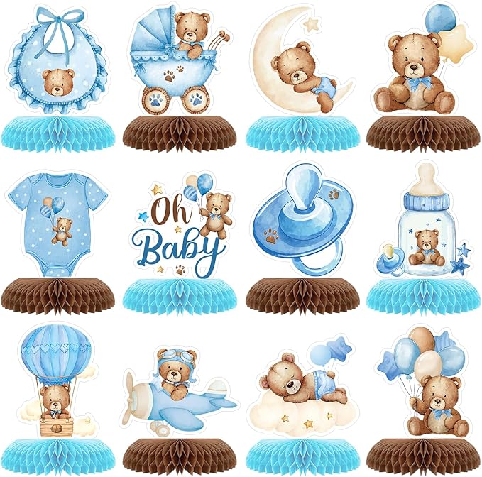 Tarklanda 12 Pcs Bear Baby Shower Honeycomb Centerpieces 3D Table Toppers Teddy Bear Themed Honeycomb Decoration for Birthday Wedding Gender Neutral Party Supplies (Blue Bear)