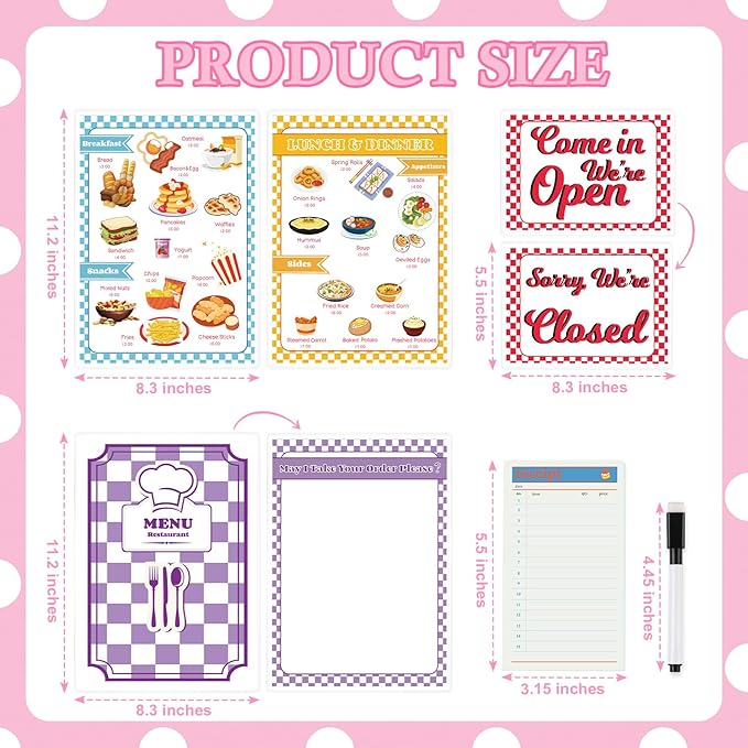Diner Restaurant Play Set Food Play Kitchen Accessories Restaurant Toy Set 2 Double Sided Restaurant Menu Pen Waiters Order 60Page Receipt Book Pretend Play Set Role Play Accessories Total of 4