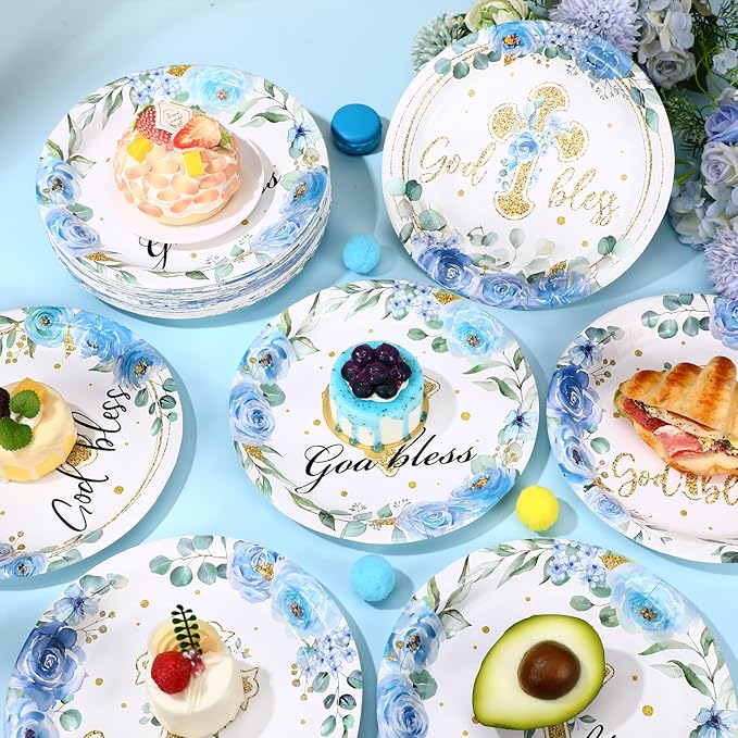 60 Pcs Baptism Cross Paper Plates 9 Inch God Bless Flower Disposable Plates First Holy Communion Floral Party Plate Tableware for Christening Celebration Baby Shower Religious Party Supplies