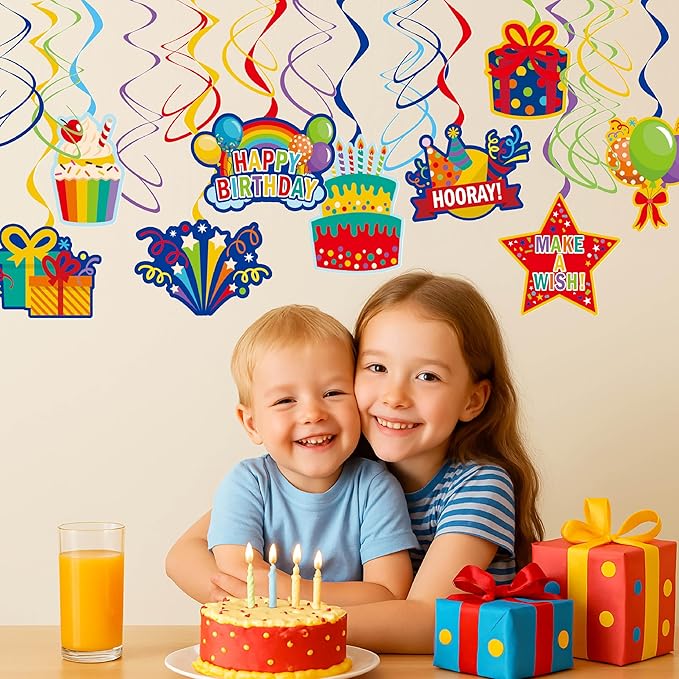 Colorful Birthday Hanging Swirl Decorations, 36ct Paper Ceiling Decor Set with Cutouts of Cakes, Gifts, Balloons & Stars, Vibrant Paper Party Supplies for Birthday Decor & Celebration Themes