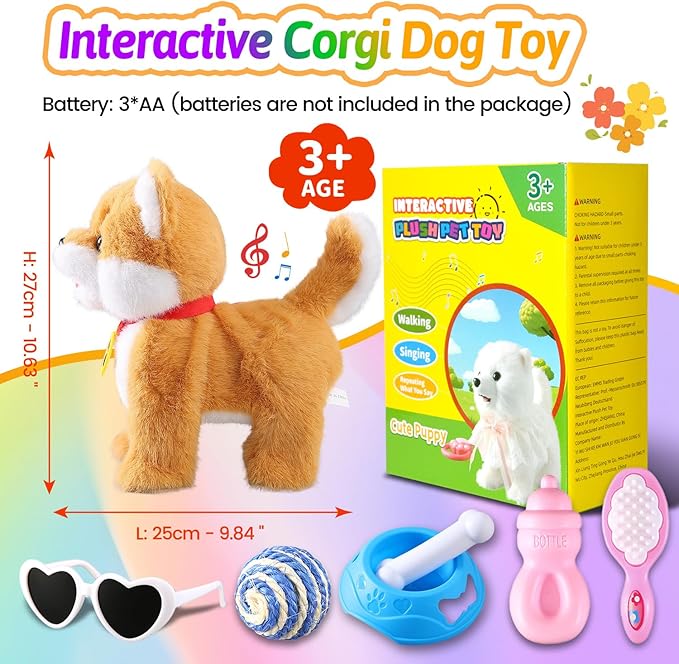 Walking Barking Singing Corgi Puppy Toy, Repeats What You Say, Realistic Licking Tongue Wagging Tail Mechanical Dog with Touch or Voice Control, Interactive Music Dancing Plush Pet for Kids
