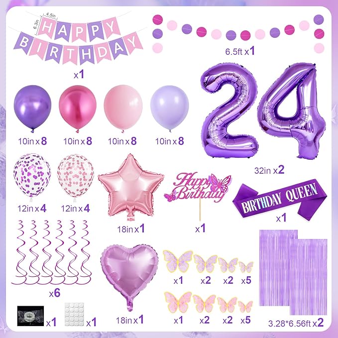 24th Purple Birthday Decorations for Women, Pink and Purple Happy 24 Birthday Party Decorations with Happy Birthday Banner, Number Foil Balloons, Butterfly Cake Topper for 24th Party Supplies