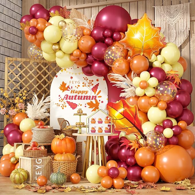 Fall Balloon Arch Kit, Thanksgiving Balloon Garland with Wine Red Orange Pastel Yellow Balloons with Leaf Foil Balloons for Thanksgiving Autumn Fall Birthday Baby Shower Party Decorations