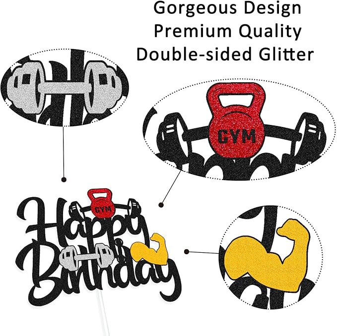 Gym Birthday Decorations Weightlifting Happy Birthday Banner Cake Topper Black Gray Latex Balloons for Gym Weight Lifting Cross Fit Fitness Themed Bday Party Supplies