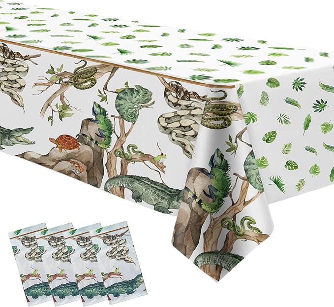 Reptile Birthday Party Supplies Tablecloth - Disposable Decorations Tablecover, Jungle Swamp Animal Lizard Snake Birthday Party Decorations Table Cloth - 4 Pack (54in x 108in)