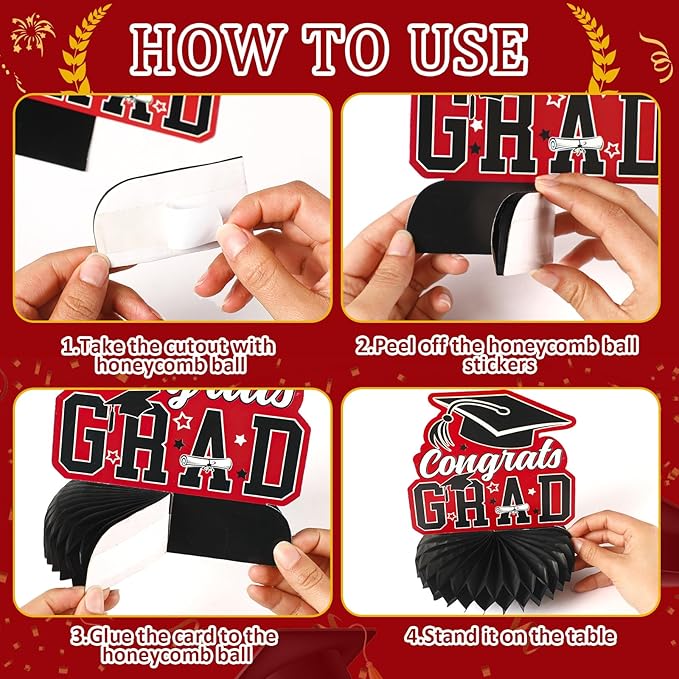 10 PCS Graduation Party Decorations Class of 2026,Congrats Grad Honeycomb Centerpiece Red and Black Congratulate Graduation Table Toppers for Graduation Party Favor Supplies