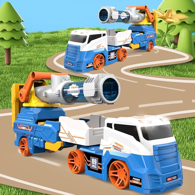 Dwi Dowellin Truck Toys Kids Toys, 28"Carrie Truck Race Track Car Toys Include 4 Race Cars+6 Soft Balls, Light&Sound, Eejection&Shooting Transport Trucks Toy, Xmas Gifts for Toddlers 3+ Year Old-Blue