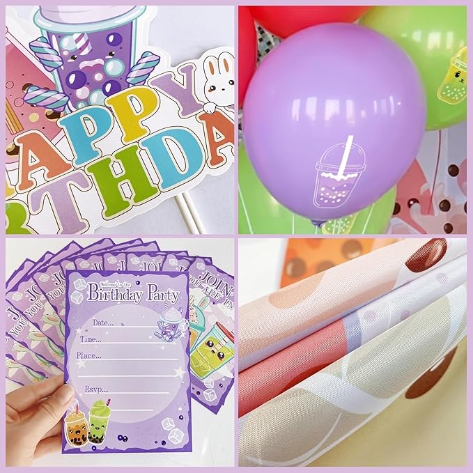 Boba Tea Party Supplies Complete Set, Bubble Tea Birthday Decorations Kit with Cartoon Banner Backdrop, Adorable Cake Toppers, Colorful Balloons, Invitation Cards for Girls Themed Party Decor